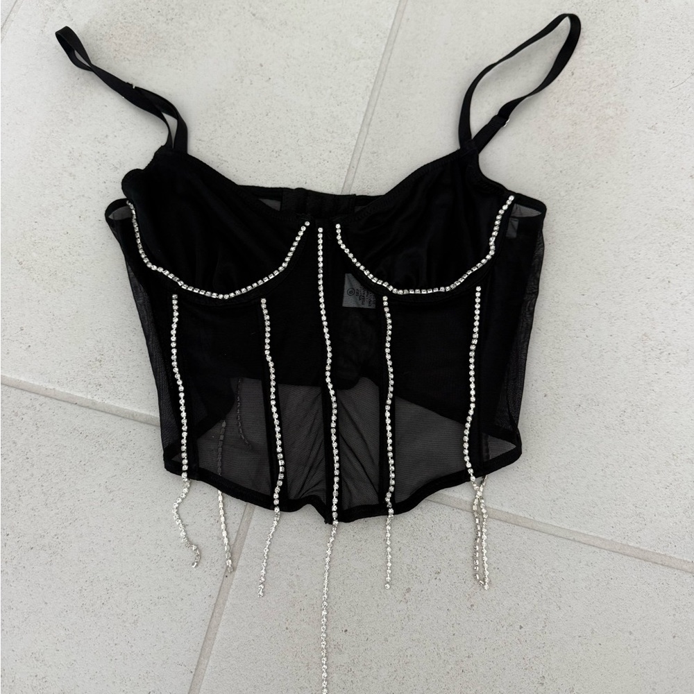 Black Rhinestone-Trim Mesh Crop Bustier Top